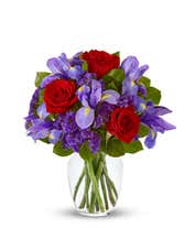 Red roses and blue irises