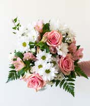 Alternative image 1 for Pink roses, pink carnations and white daisies in a pink vase