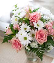 Alternative image 2 for Pink roses, pink carnations and white daisies in a pink vase