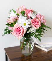 Alternative image 3 for Pink roses, pink carnations and white daisies in a pink vase