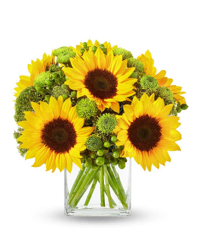 A bouquet with yellow sunflowers and green accents in a clear rectangular vase.