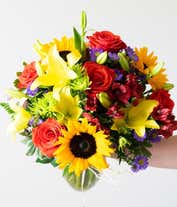 Alternative image 2 for A radiant floral arrangement featuring sunflowers, yellow lilies, orange roses, alstroemeria, Monte Casino, and green poms, all beautifully arranged in a clear glass vase. This vibrant mix creates a warm and inviting display.