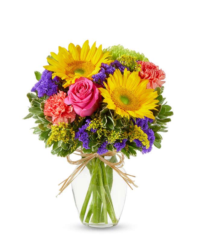 Summer Sunflower mixed bouquet with pink roses and green mums