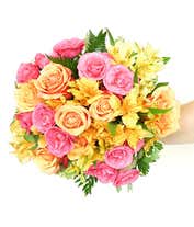 Alternative image 3 for Orange roses, hot pink roses and yellow alstroemeria in glass vase