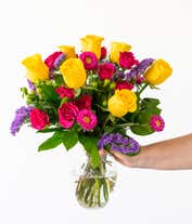 Alternative image 4 for Yellow roses, hot pink roses and asters for delivery