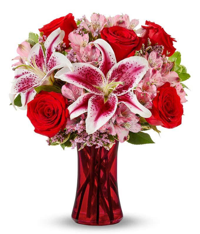 Romantic red rose and pink alstroemeria bouquet