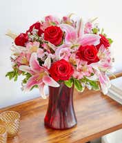 Alternative image 1 for Romantic red rose and pink alstroemeria bouquet