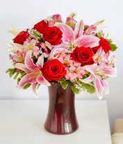 Alternative image 2 for Romantic red rose and pink alstroemeria bouquet