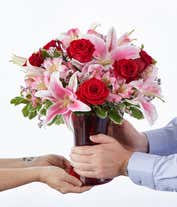 Alternative image 4 for Romantic red rose and pink alstroemeria bouquet