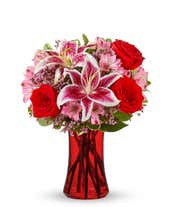 Romantic red rose and pink alstroemeria bouquet