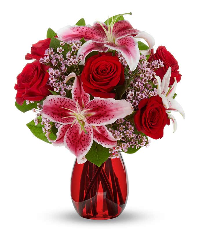 Red roses and pink stargazer bouquet