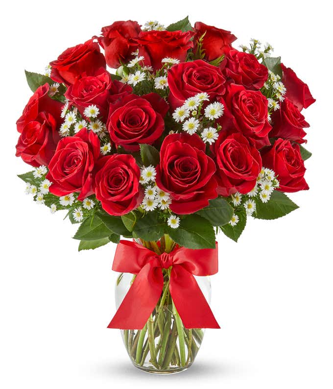 18 Red Roses and Monte Casino Flowers in a Clear Glass Vase with a red bow