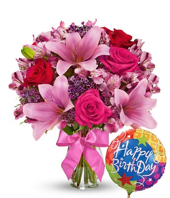Rose & Lily Celebration with Birthday Balloon at From You Flowers