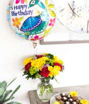 Alternative image 1 for Birthday balloon delivered with mixed flower bouquet