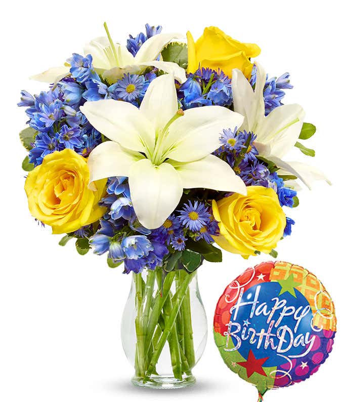 Blue and yellow flowers with a birthday balloon