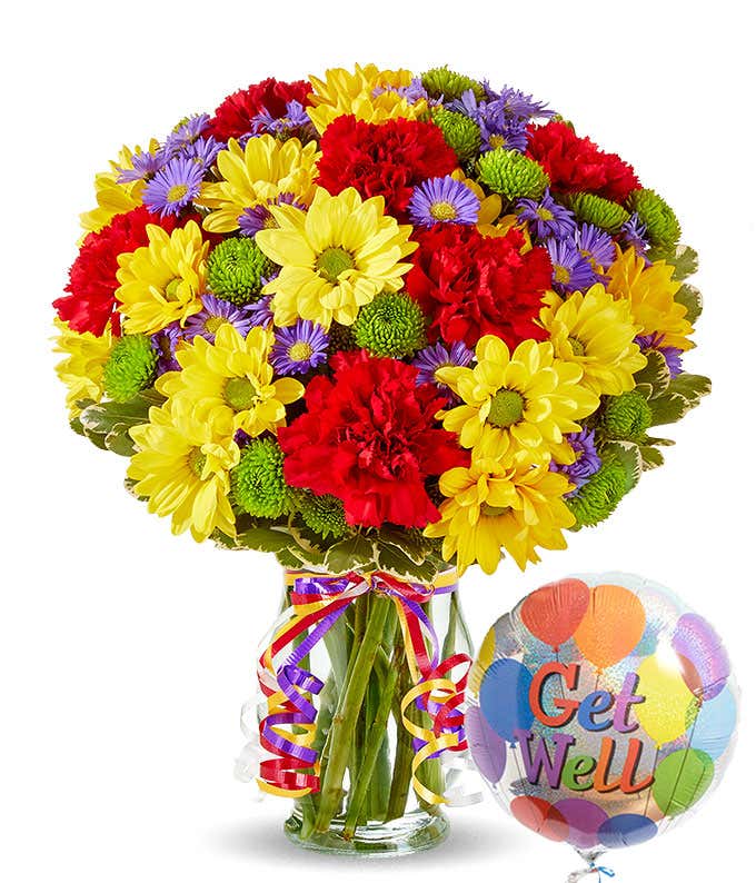 Get well balloon delivered with red and yellow flowers
