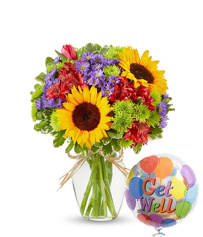 Get well soon flower arrangement with sunflowers, tulips and get well balloon