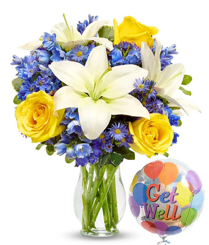 Get well soon balloon with mixed flowers