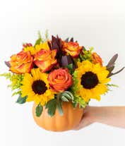 Alternative image 1 for  A cheerful floral arrangement featuring sunflowers, orange roses, safari sunset, red berries, and yellow solidago, all beautifully arranged in a pumpkin container.