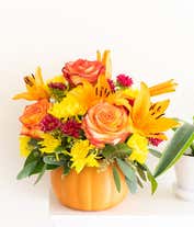 Alternative image 2 for  A cheerful floral arrangement featuring orange roses, orange lilies, red Matsumoto asters, and yellow poms, all beautifully arranged in a pumpkin ceramic container.