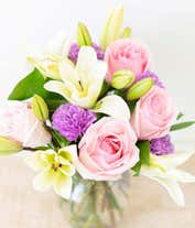 Alternative image 2 for pink roses, purple carnations and white lilies in a clear Vase