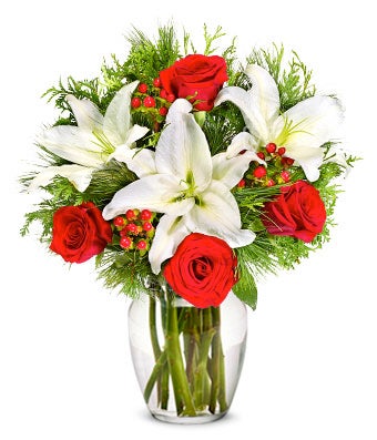 Shining Red Rose and Lily Christmas Bouquet