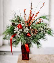 Alternative image 1 for Pine branches, pine cones and holly branches in red vase for Christmas