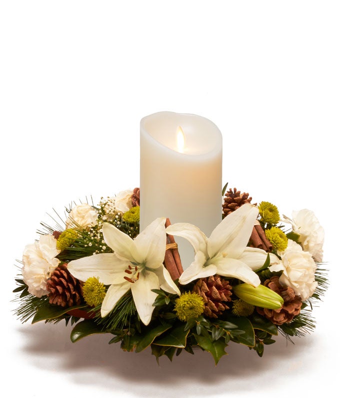 White Lily & Pine Cone Centerpiece