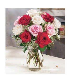One Dozen Mixed Roses with white, red and pink flowers