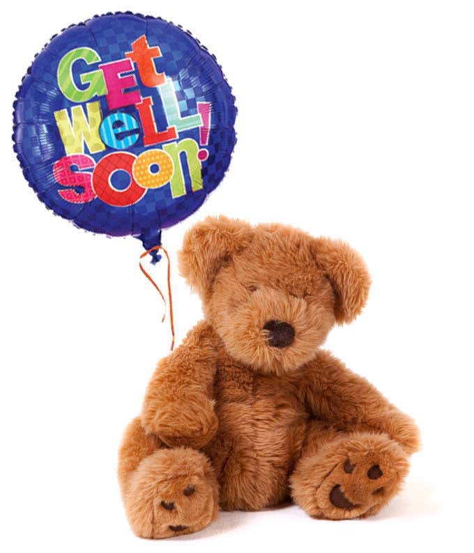 Get well soon balloon delivered with teddy bear