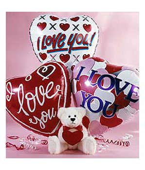 Three love you balloons with valentine teddy bear