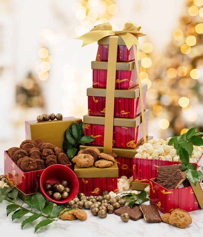 Gold & Red Holiday Gift Tower