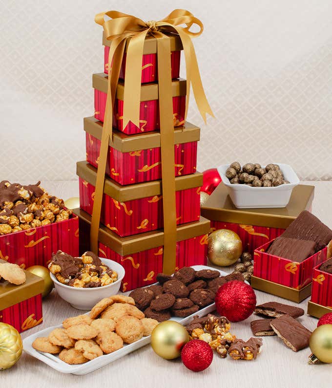 Gold & Red Holiday Gift Tower