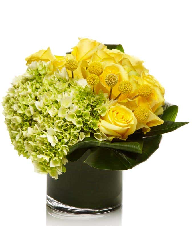 Round bouquet with yellow roses and green hydrangea