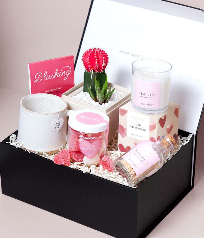 Valentine’s Day gift box featuring a pink grafted cactus and haworthia in a white planter, Petal Blush candle, decorative matches, sour heart candies, pink hibiscus tea, and a ceramic mug arranged in a black keepsake box with pink accents.