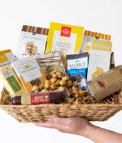 Alternative image 2 for Woven gift basket with gourmet snacks: butter toffee pretzels, salted caramel popcorn, biscotti, toasted crackers, dark chocolate cashews, chocolate chip cookies, honeycomb chocolates, truffles, cheddar cheese, beef sausage, almonds, cheese straws, and a 