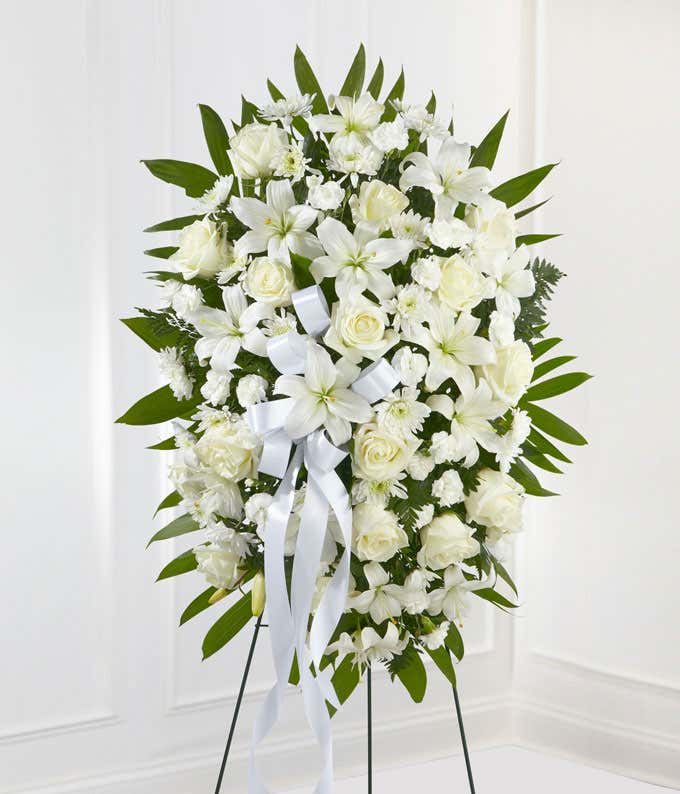 Exquisite Tribute Standing Spray-White Ribbon