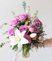 Alternative image 1 for Purple roses, white lilies and mini pink carnations 