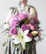 Alternative image 2 for Purple roses, white lilies and mini pink carnations 