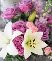 Alternative image 3 for Purple roses, white lilies and mini pink carnations 
