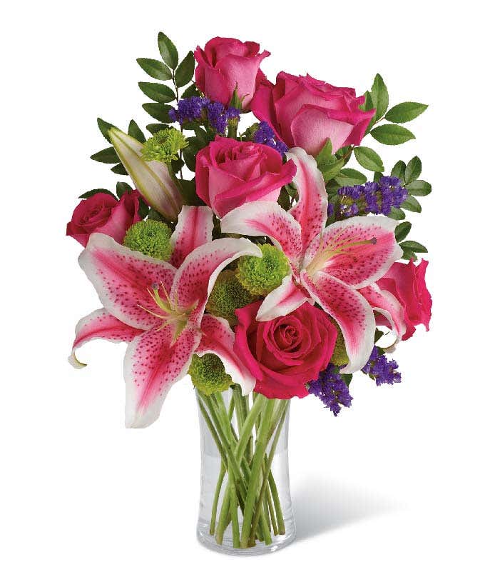 Pink roses and pink stargazer lily arrangement