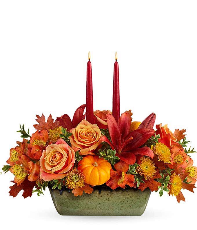 Flower and Pumpkin Candle Centerpiece