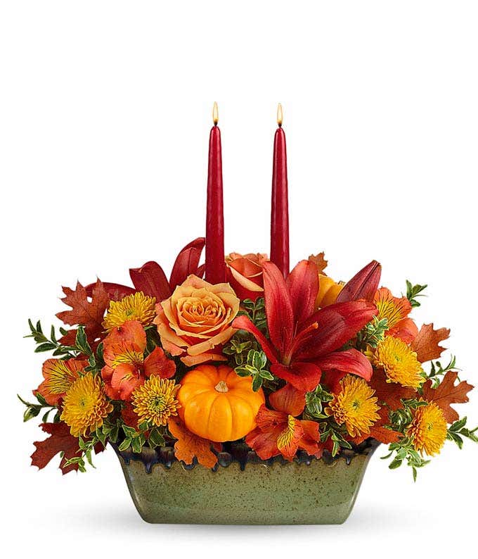 Flower and Pumpkin Candle Centerpiece