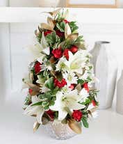 Alternative image 2 for A flower Christmas tree with white and red flowers in a gold vase