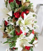 Alternative image 3 for A flower Christmas tree with white and red flowers in a gold vase