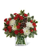 A beautiful floral arrangement with red mini carnations, white roses (deluxe and premium sizes only), white cushion spray chrysanthemums, Douglas fir, variegated holly, noble fir, pinecones, and red berries, displayed in a clear cube vase.