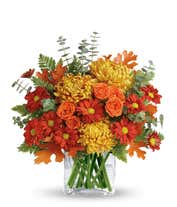 A stunning floral arrangement featuring deluxe and premium orange roses, orange spray roses, bronze mums, and red daisies, accented with spiral eucalyptus, all elegantly displayed in a clear cube vase.