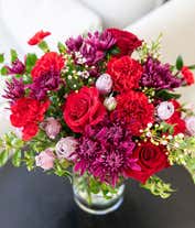 Alternative image 1 for Valentine red rose, red carnation and purple chrysanthemums bouquet