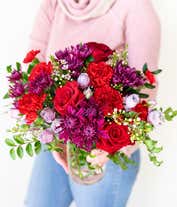 Alternative image 2 for Valentine red rose, red carnation and purple chrysanthemums bouquet