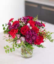 Alternative image 3 for Valentine red rose, red carnation and purple chrysanthemums bouquet